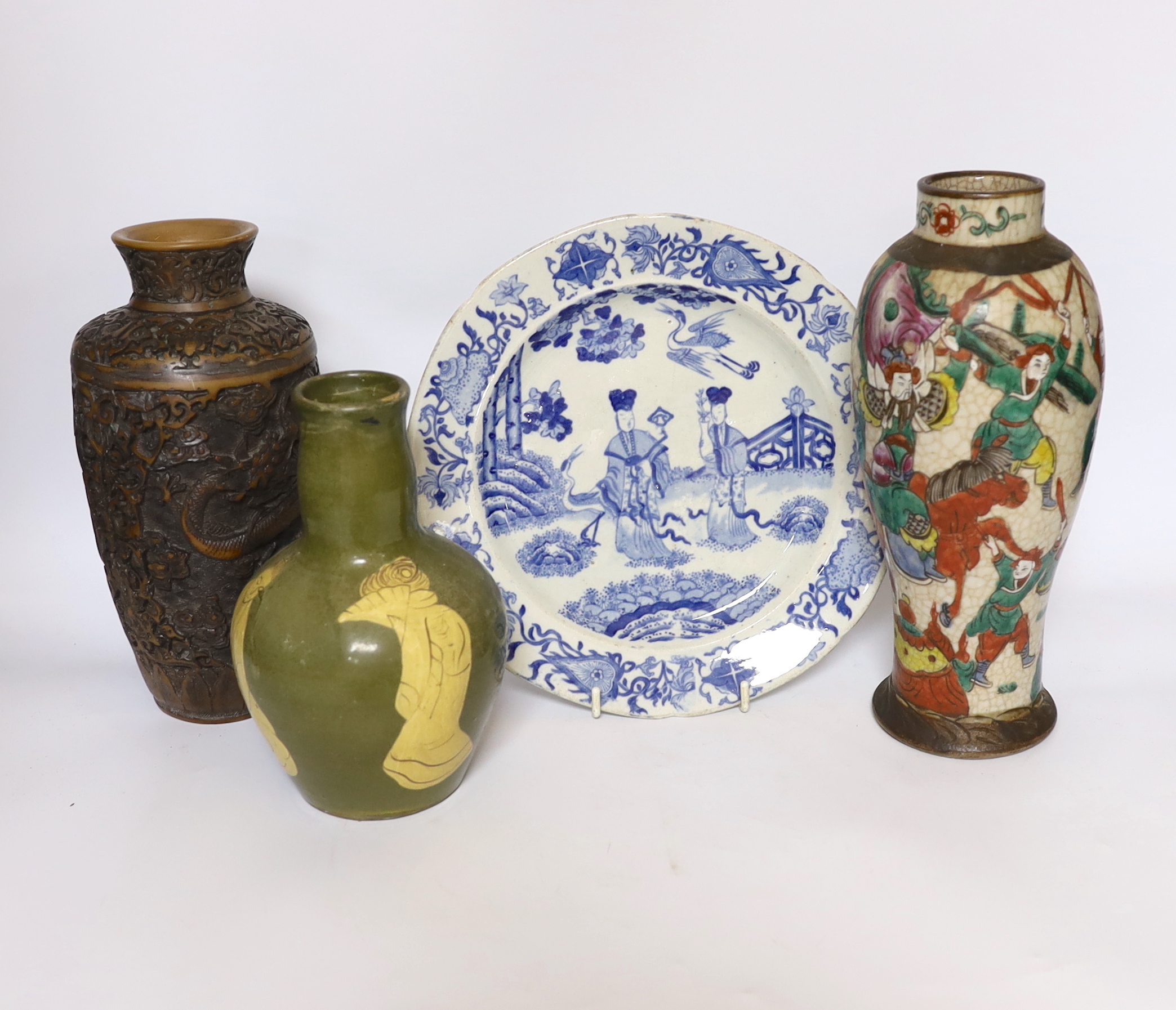 Mixed Chinese and Japanese ceramics including pair of cloisonné vases, a blue and white dish and a crackle glaze vase, largest 26cm high